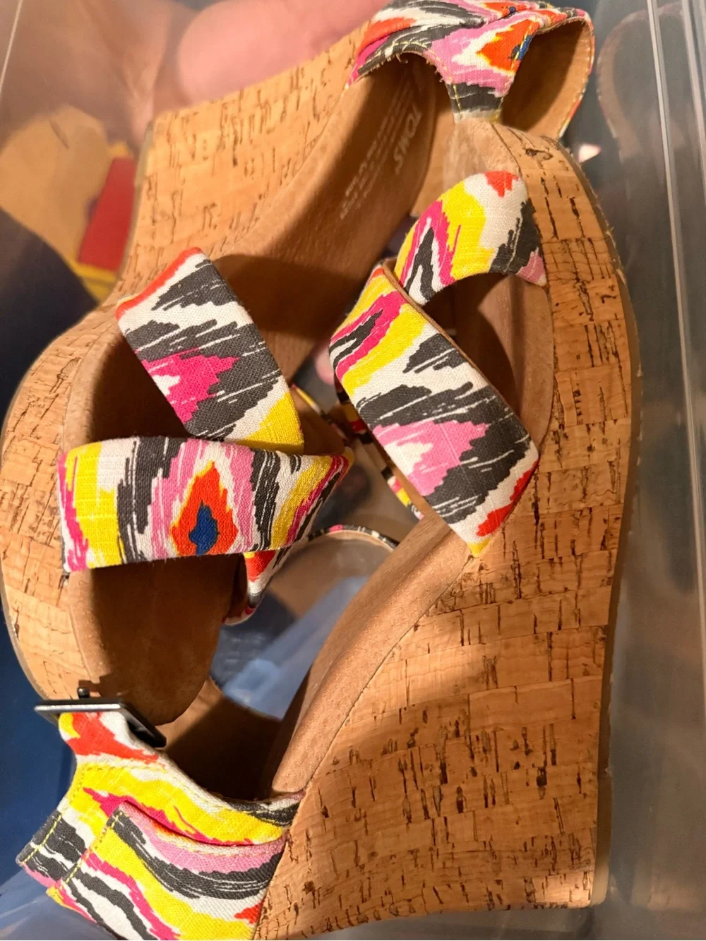Toms Cork Wedge Sandals in Yellow, Pink & Black Ikat